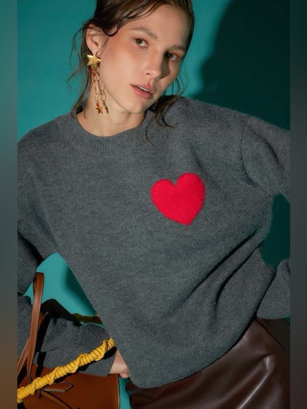 NWT English Factory Anthropologie Gray & Red Heart Sweater